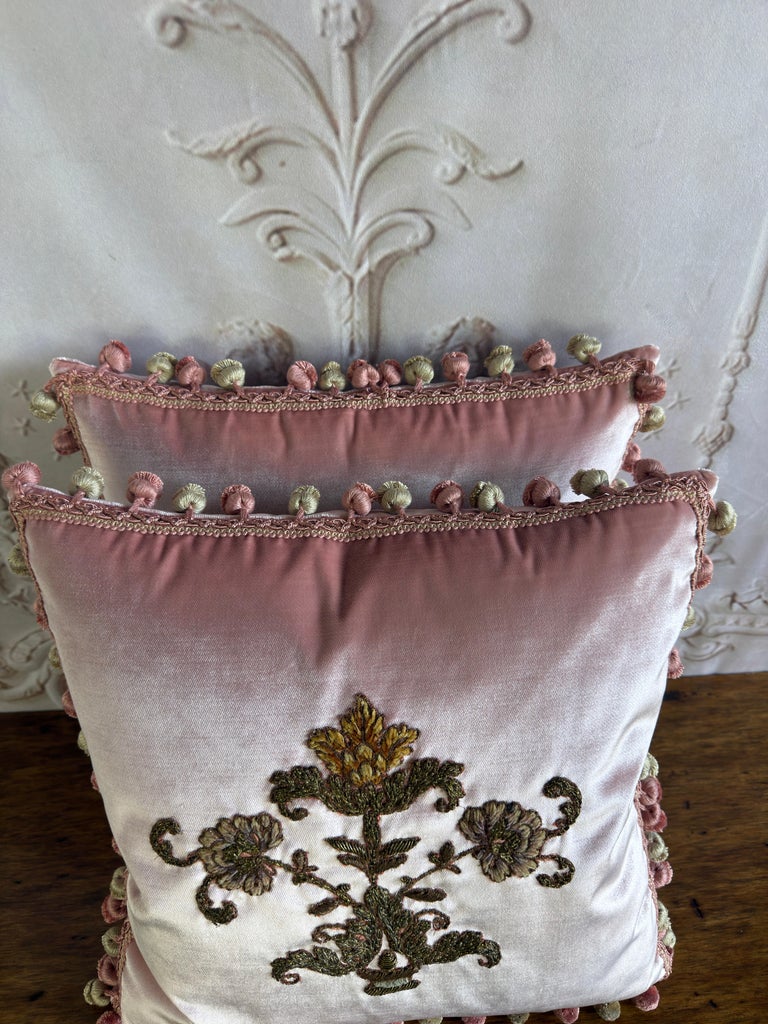 Pair of French Couture Blush Silk Velvet Pillows with 19th Century Appliques&