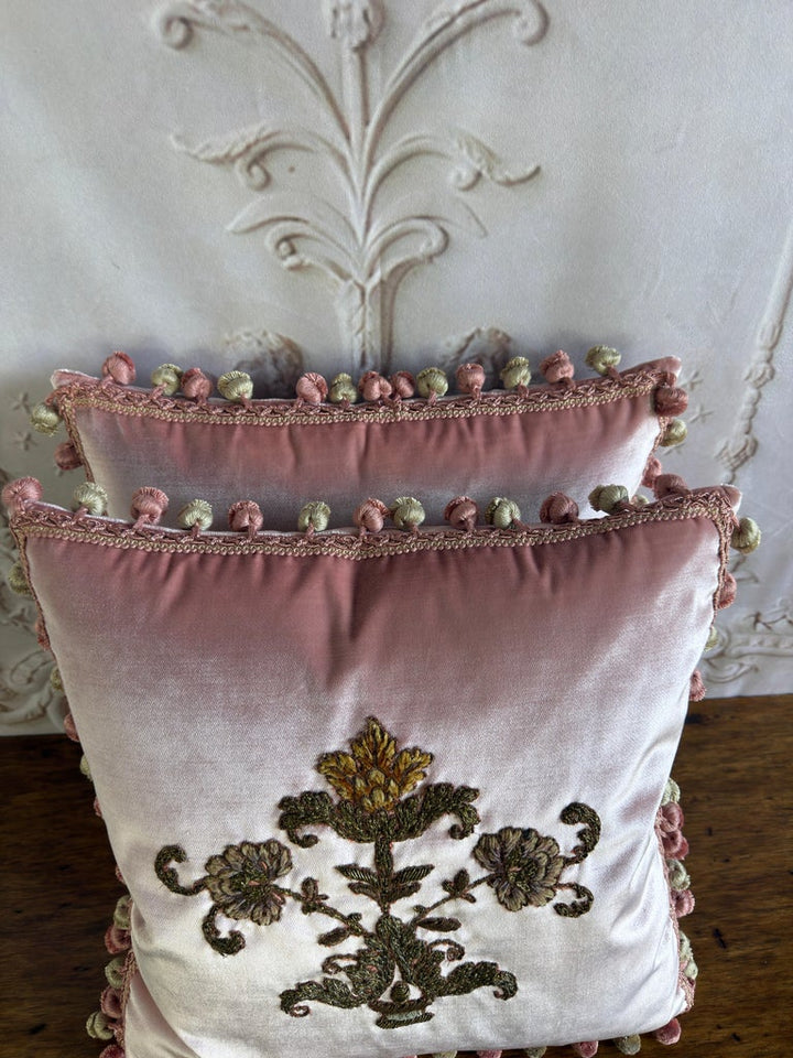 Pair of French Couture Blush Silk Velvet Pillows with 19th Century Appliques&