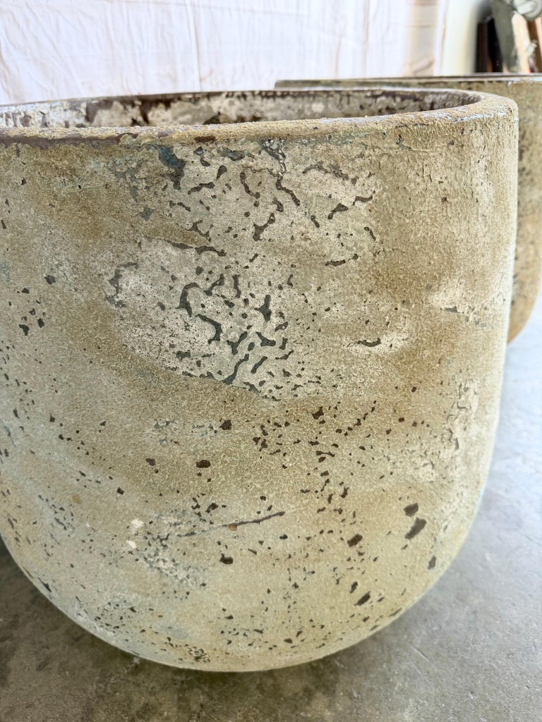 Pair of Large 20th Century Pitted Limestone-Finish Terra Cotta Planters