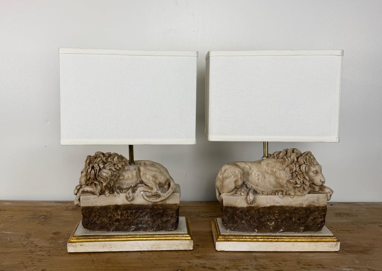 Pair of Neoclassical Recumbent Lion Table Lamps - After Canova