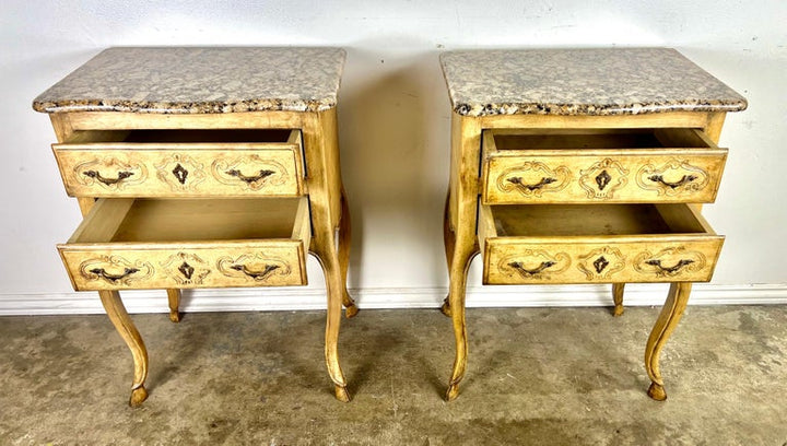 Pair of French End Table w/ Drawers and Granite Tops C. 1930's