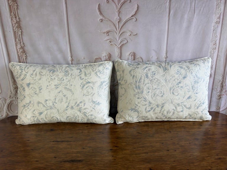 Pair of Custom Printed Linen Lumbar Pillows in Faded Aqua Baroque Damask