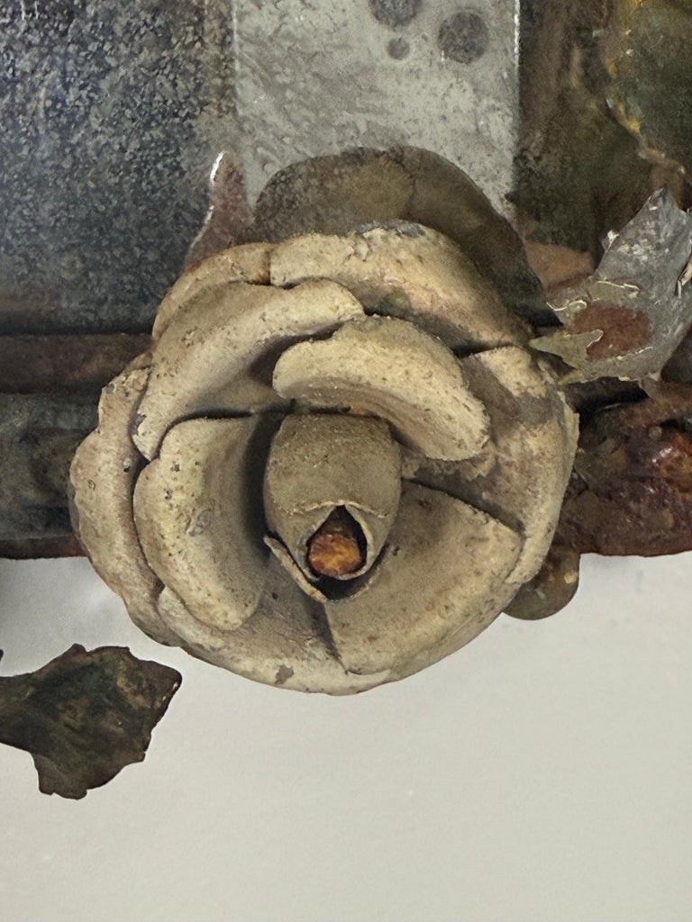 Antique Mid-Century Wrought Iron Mirror with Floral Motif