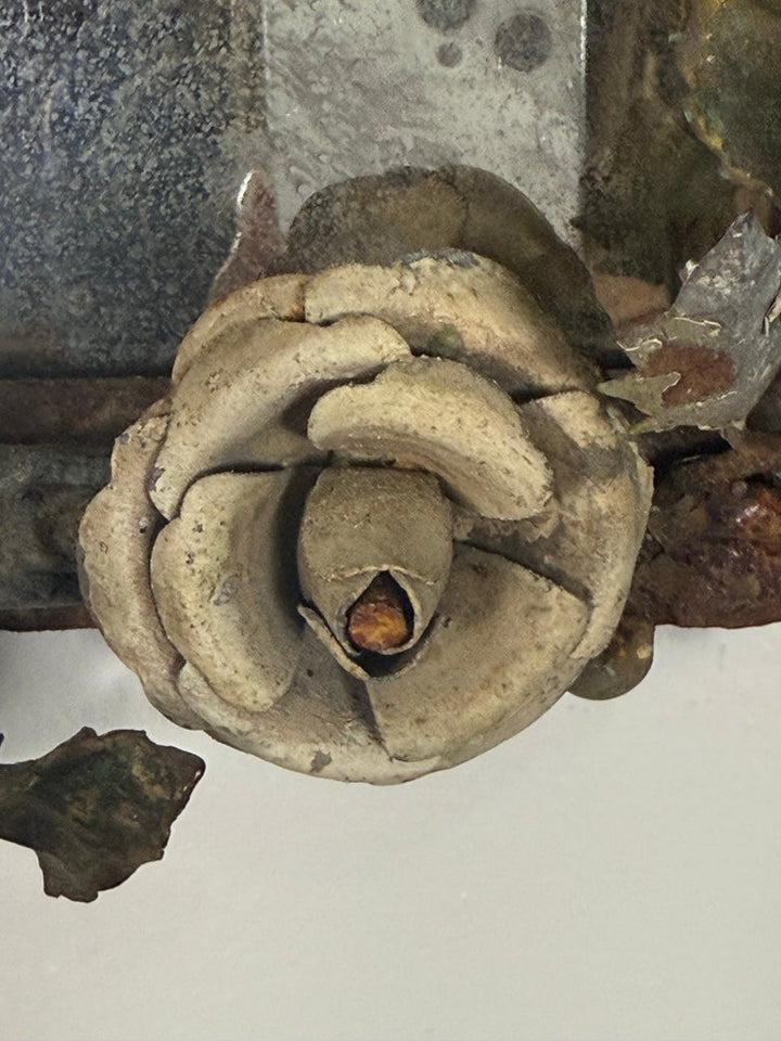 Antique Mid-Century Wrought Iron Mirror with Floral Motif