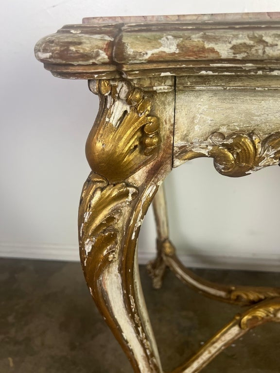 19th C. French Painted & Parcel Gilt Table w/ Marble Top