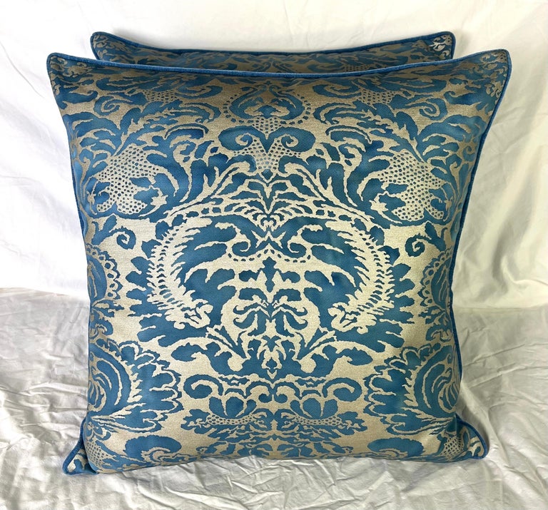 Pair of Vibrant Blue & Gold Metallic Fortuny Textile Pillows