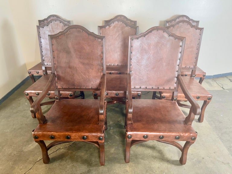 Set of Eight Spanish Walnut & Leather Dining Chairs