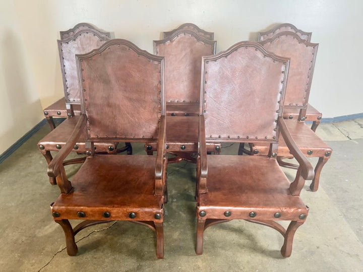 Set of Eight Spanish Walnut & Leather Dining Chairs