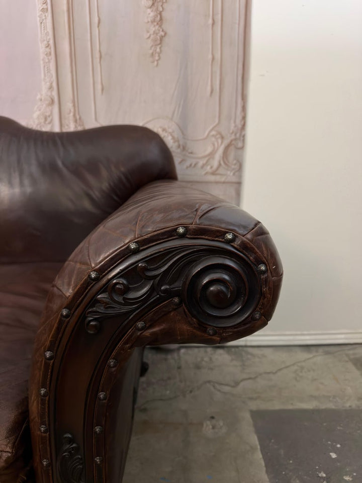 Ralph Lauren Home "Belmont" Hand-Carved Leather Camelback Sofa With Scroll Arms