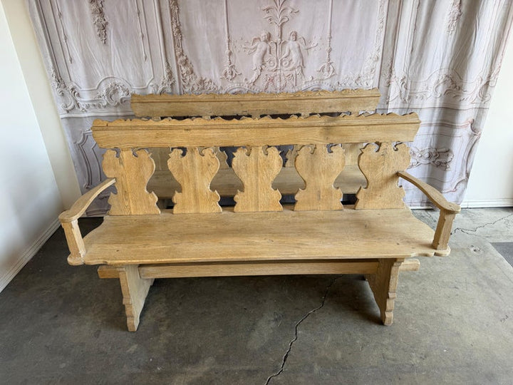 Rustic Hand-Carved Oak Benches, Pair, Folk Art / Spanish Colonial Style