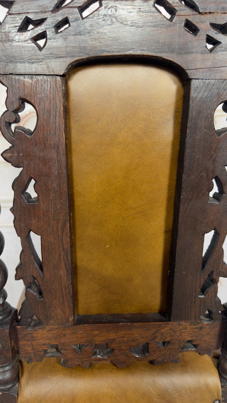 Set of 6 Antique Jacobean Hunt Chairs in Heavily Carved Oak with Cognac Leather