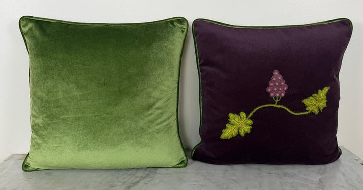 Pair of Aubergine Velvet Pillows - Antique Hand-Embroidered Grape Vine Applique