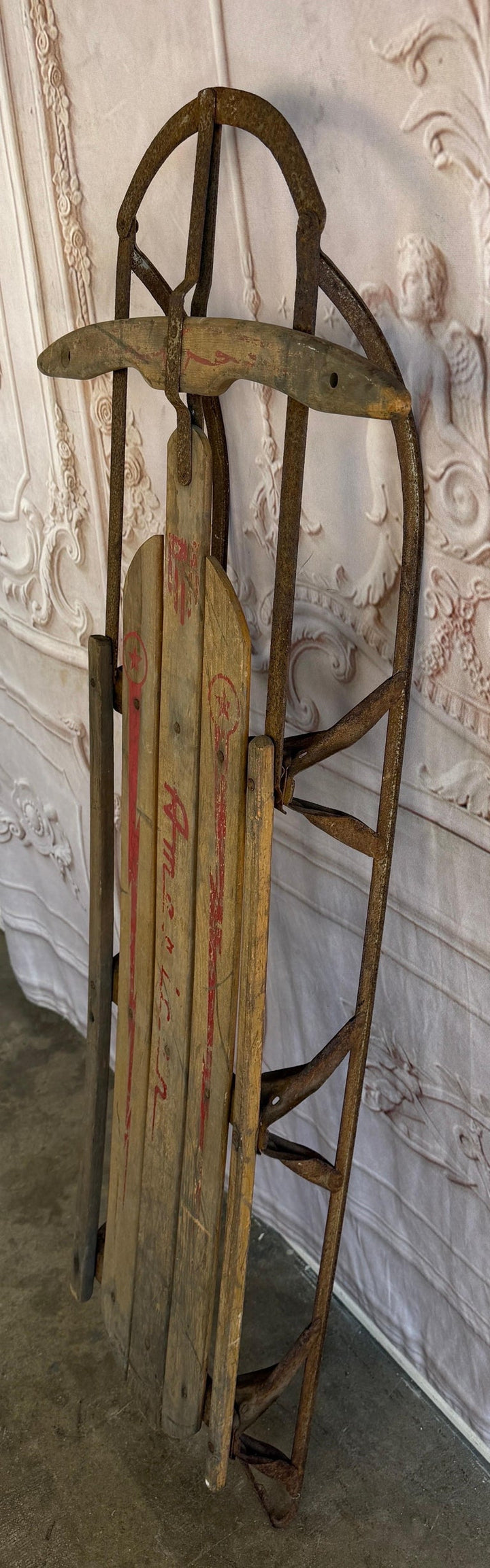 Antique American Wooden Sled with Original Red Graphics