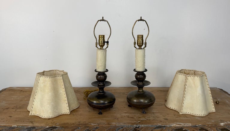 Pair of English Brass Table Lamps - Lion Paw Feet with Original Shades