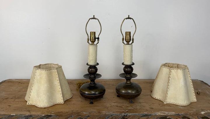 Pair of English Brass Table Lamps - Lion Paw Feet with Original Shades