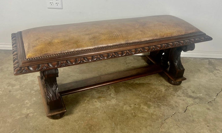 Leather Upholstered English Bench w/ Egg & Dart Detail