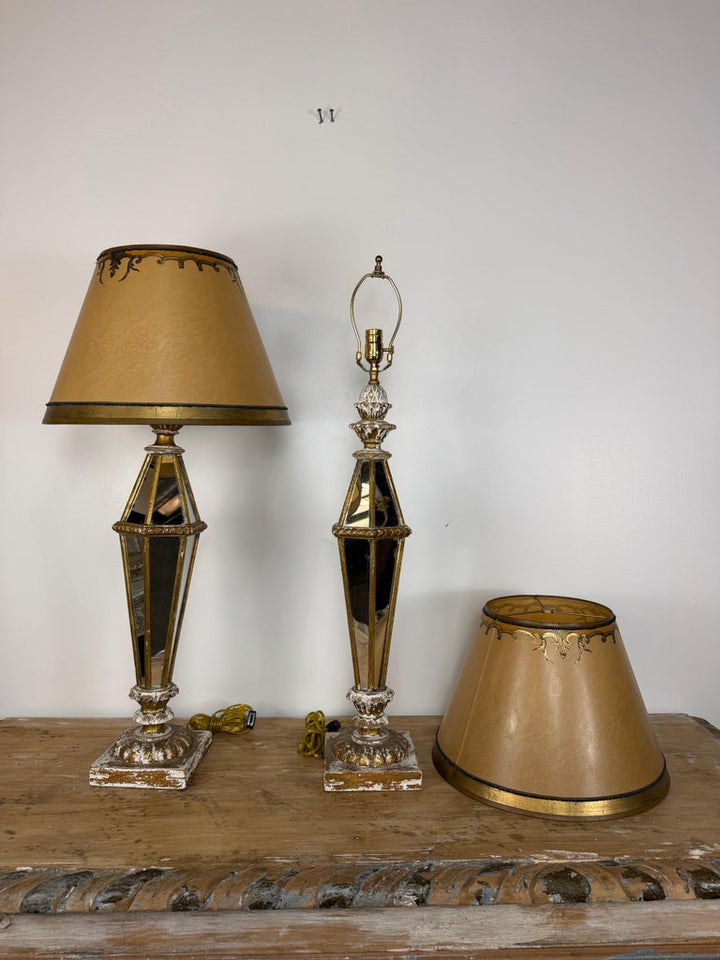 Vintage Italian Mirrored Obelisk Table Lamps, Giltwood, 1940s-50s