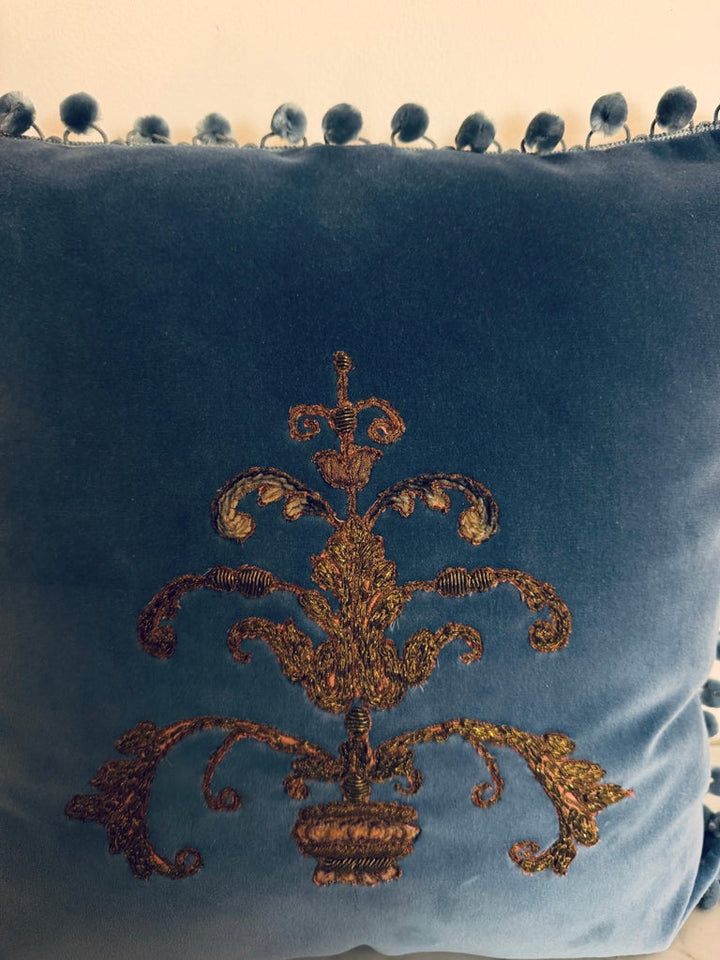 Pair 19th Century French Metallic Applique - Hand-Embroidered Velvet Pillows