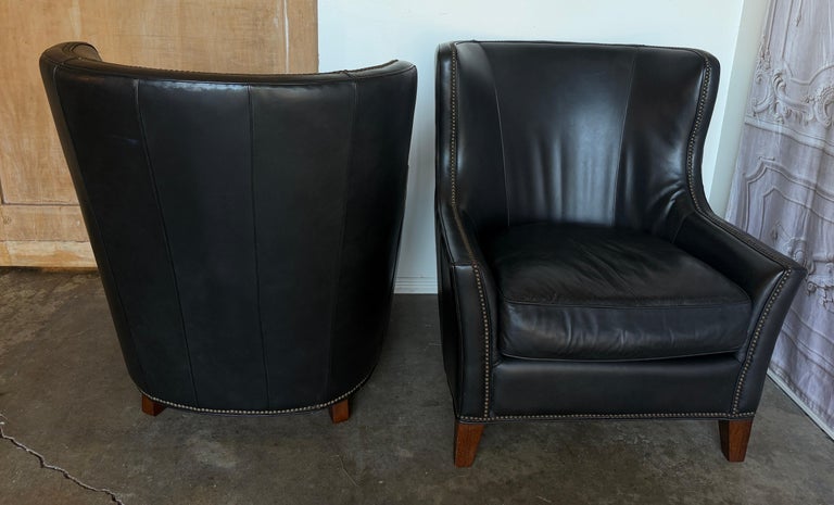 Pair of Thomasville Black Leather Wingback Lounge Chairs