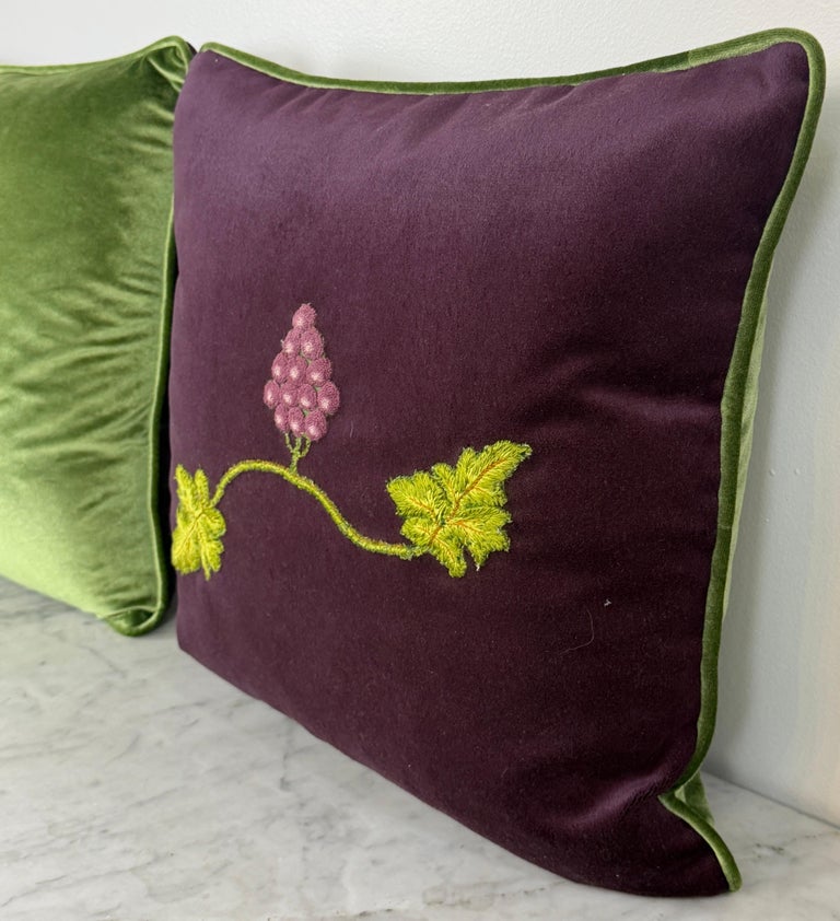 Pair of Aubergine Velvet Pillows - Antique Hand-Embroidered Grape Vine Applique