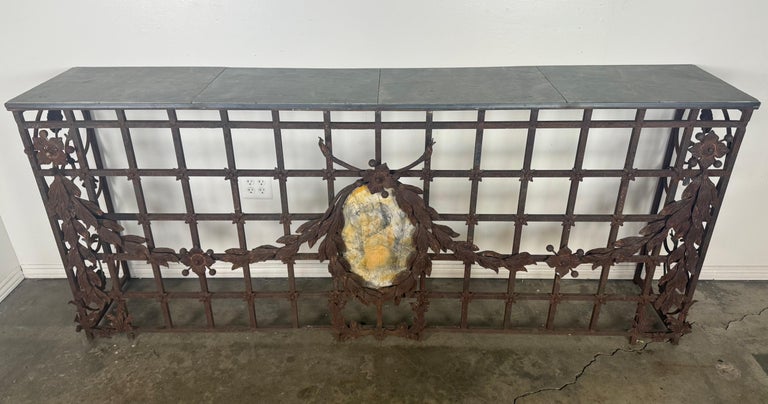 Monumental Hand-Wrought Iron Console with Stone Medallion and Classical Garlands