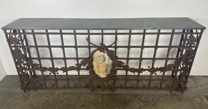 Monumental Hand-Wrought Iron Console with Stone Medallion and Classical Garlands