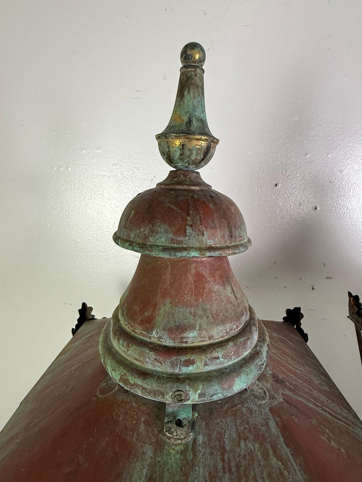Pair of Monumental Antique Copper Street Lanterns with Verdigris Patina