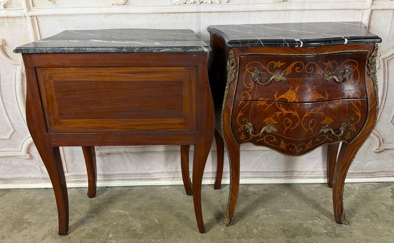 Pair of French Louis XV Style Bombe Nightstands - with Marble Tops