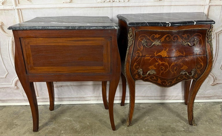 Pair of French Louis XV Style Bombe Nightstands - with Marble Tops
