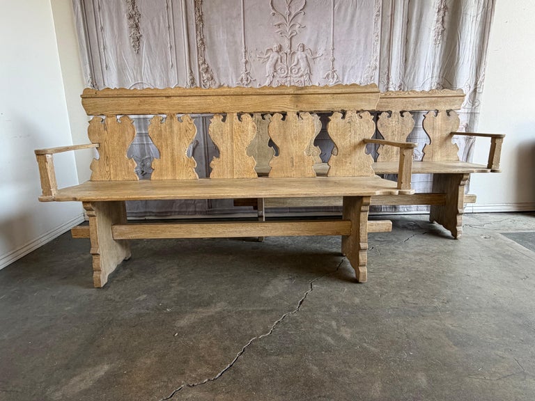 Rustic Hand-Carved Oak Benches, Pair, Folk Art / Spanish Colonial Style