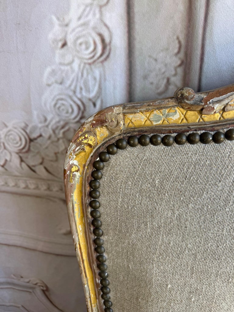Set of 14 French Louis XV Style Distressed Dining Chairs with Linen Upholstery