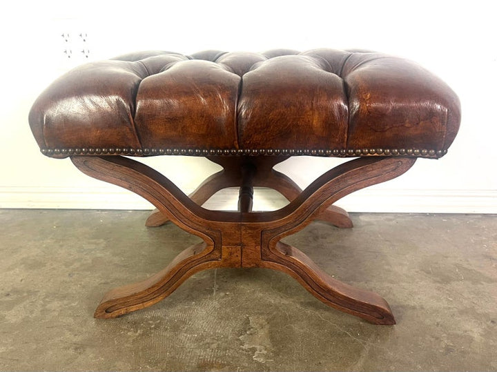 English Leather Tufted Bench C. 1940