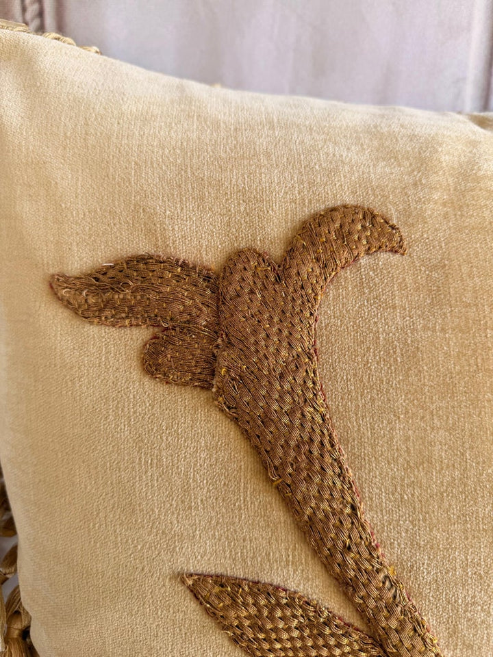 Pair of Golden Chenille Pillows w/ 19th Century Metallic Embroidered Appliqués