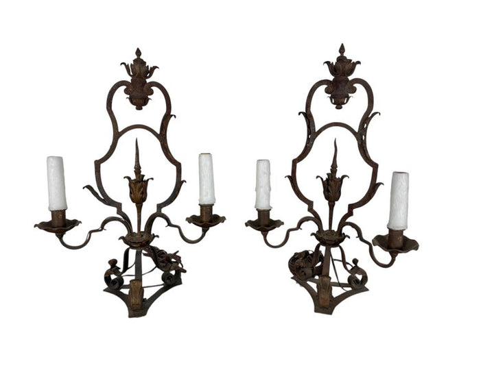 Pair of Antique Wrought Iron Two-Light Lamps