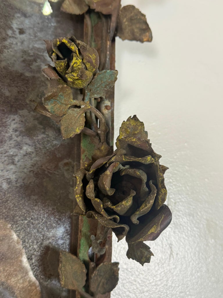 Antique Mid-Century Wrought Iron Mirror with Floral Motif