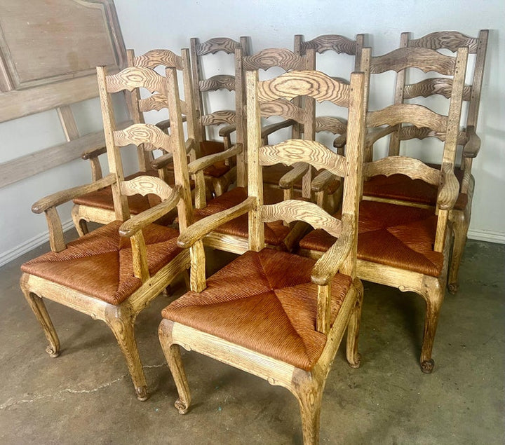 Set of Eight French Country Ladder Back Armchairs w/ Rush Seats