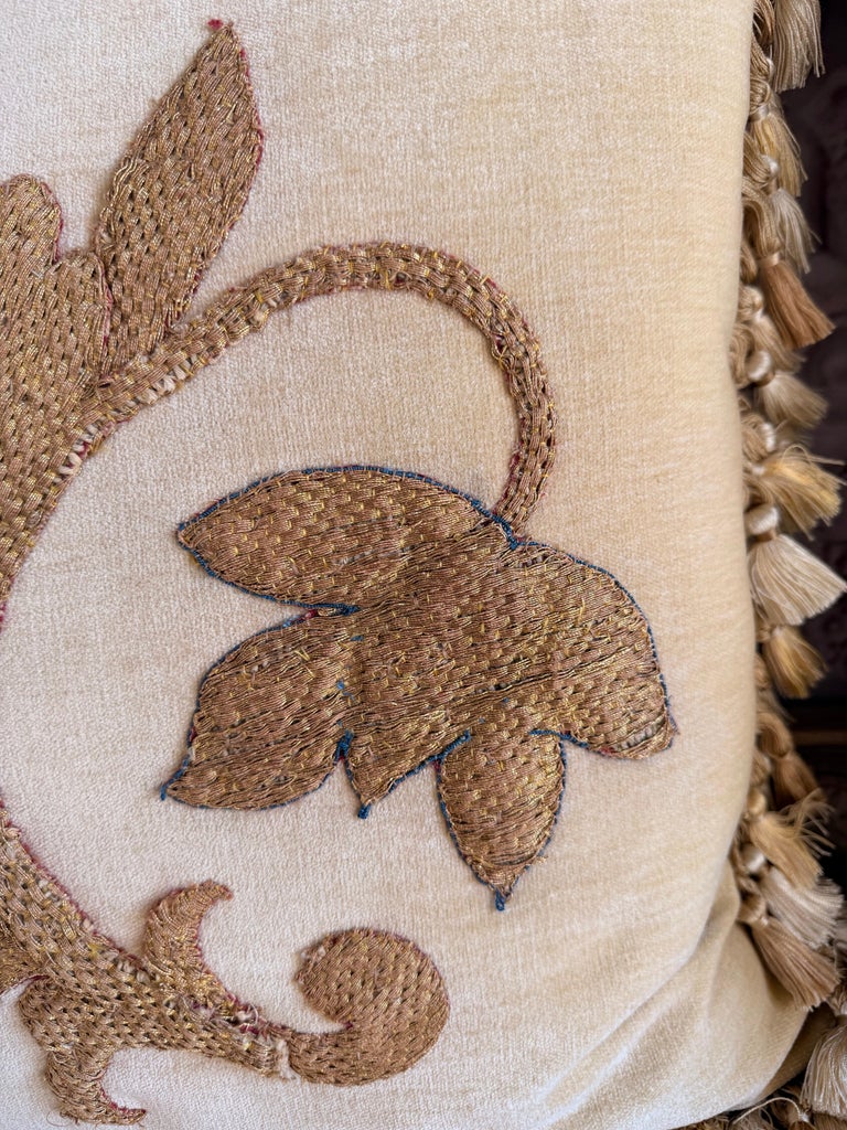 Pair of Golden Chenille Pillows w/ 19th Century Metallic Embroidered Appliqués