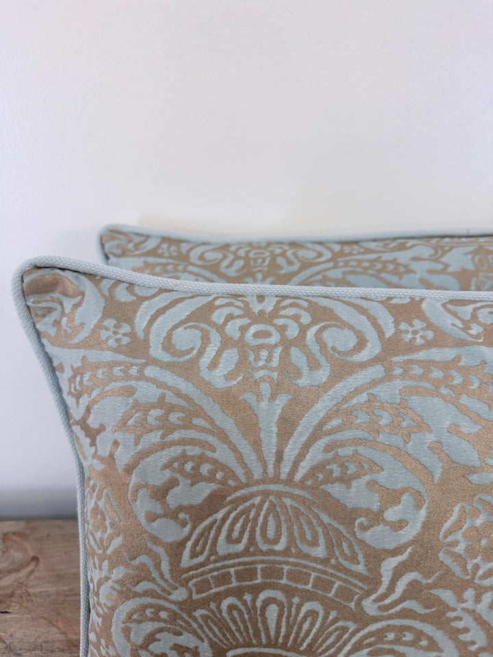 Custom Aquamarine & Gold Fortuny lumbar Pillows