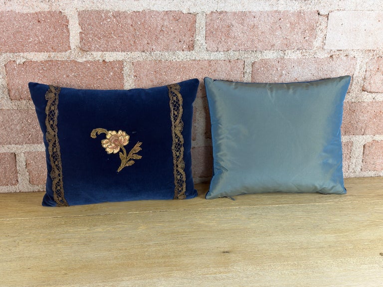 Pair of French Sapphire Velvet Pillows with 19th Century Gold Metallic Appliques