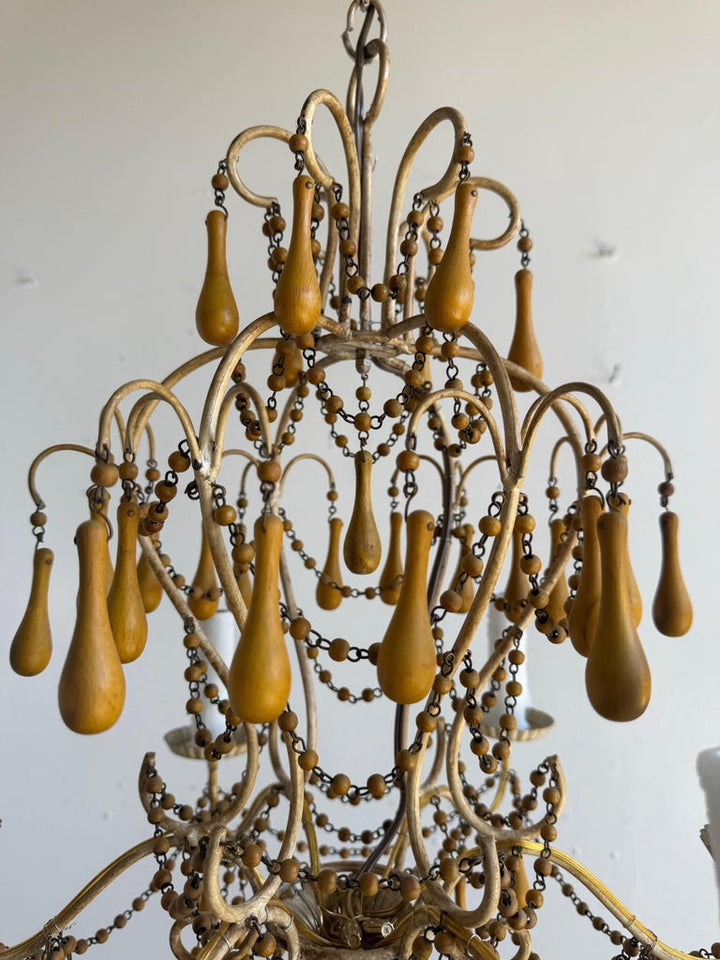Pair of Italian Gilt Iron and Wood Beaded Chandeliers, Mid-20th Century