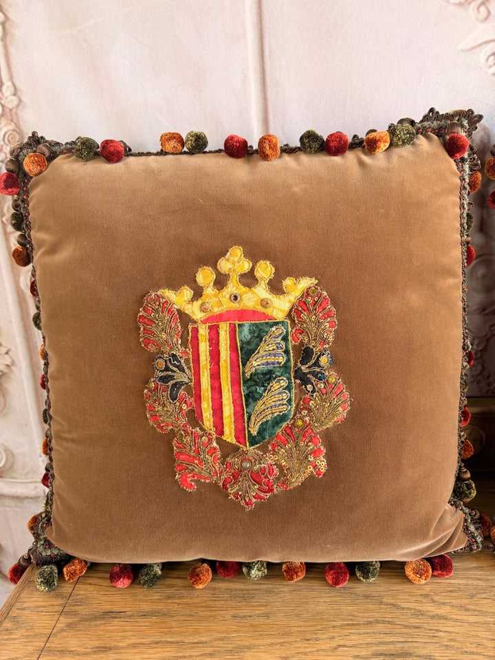 Pair of Velvet Pillows with 19th Century Metallic & Silk Embroidered Crests