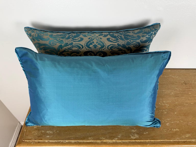 Pair of  Fortuny Style Textile Pillows with Blue Silk Backs