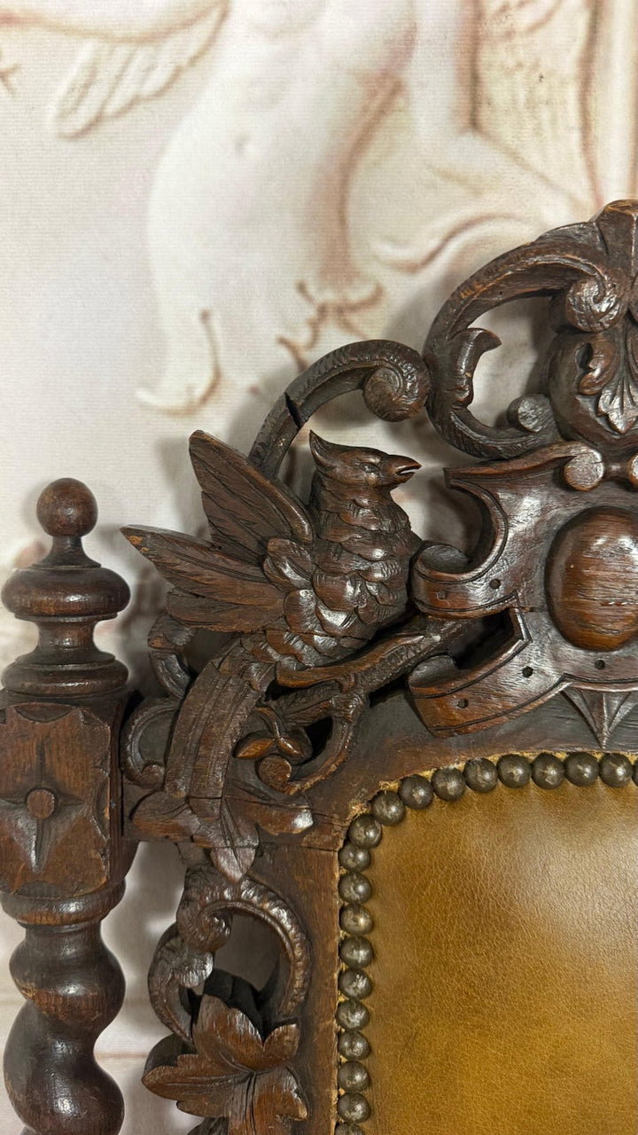 Set of 6 Antique Jacobean Hunt Chairs in Heavily Carved Oak with Cognac Leather
