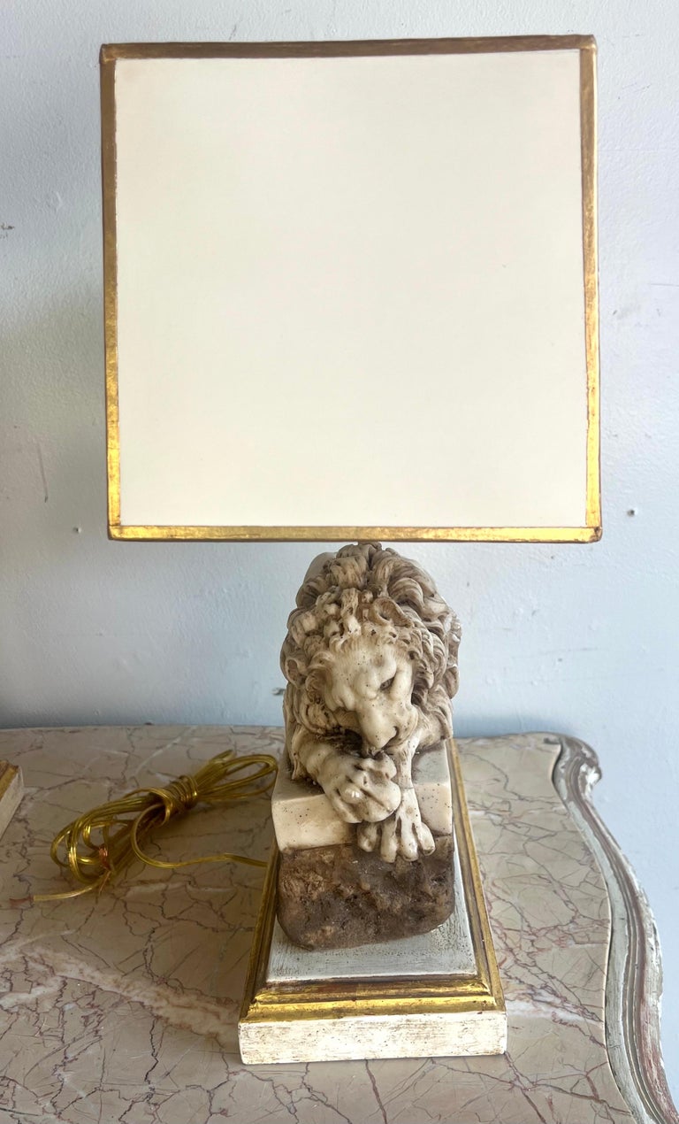 Pair of Italian Carved Stone Lion Lamps with Parchment Shades