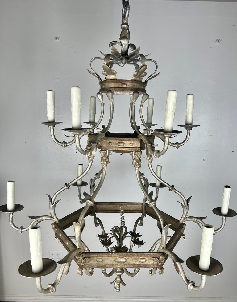 Monumental Two-Tiered 12-Light Silvered Chandelier w/ Crown