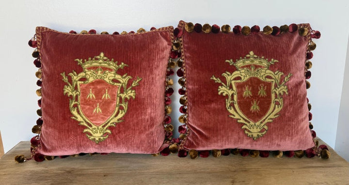 Pair of Custom Velvet Pillows with Heraldic Crest