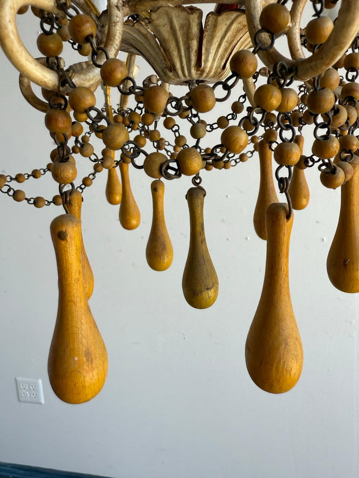 Pair of Italian Gilt Iron and Wood Beaded Chandeliers, Mid-20th Century