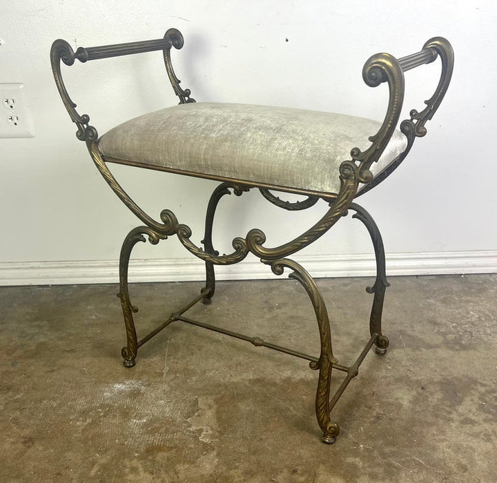 Brass Scrolled Velvet Upholstered Vanity Bench