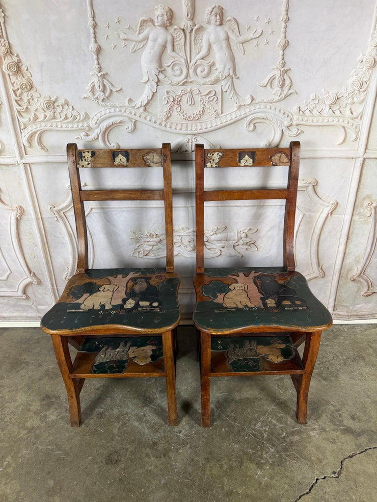 Pair of Hand-Painted Convertible Library Step Ladder Chairs with Dog Motif