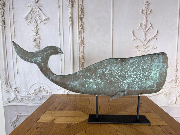 Monumental American Folk Art Copper Whale Weathervane with Verdigris Patina